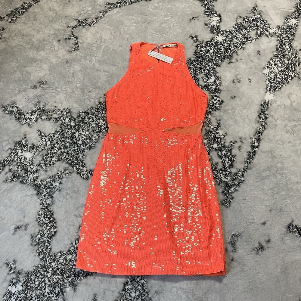 Alice Olivia Dress Womens Size 6 Bright Orange Cara Sequined Mesh Mini